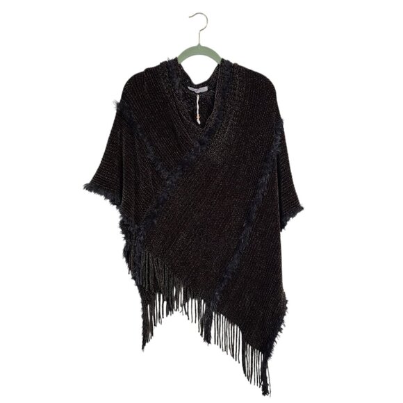 NATURAL LIFE Boho Knit Fringe Poncho Faux Fur Trim Plush wrap Brown One Size‎ - Picture 1 of 5